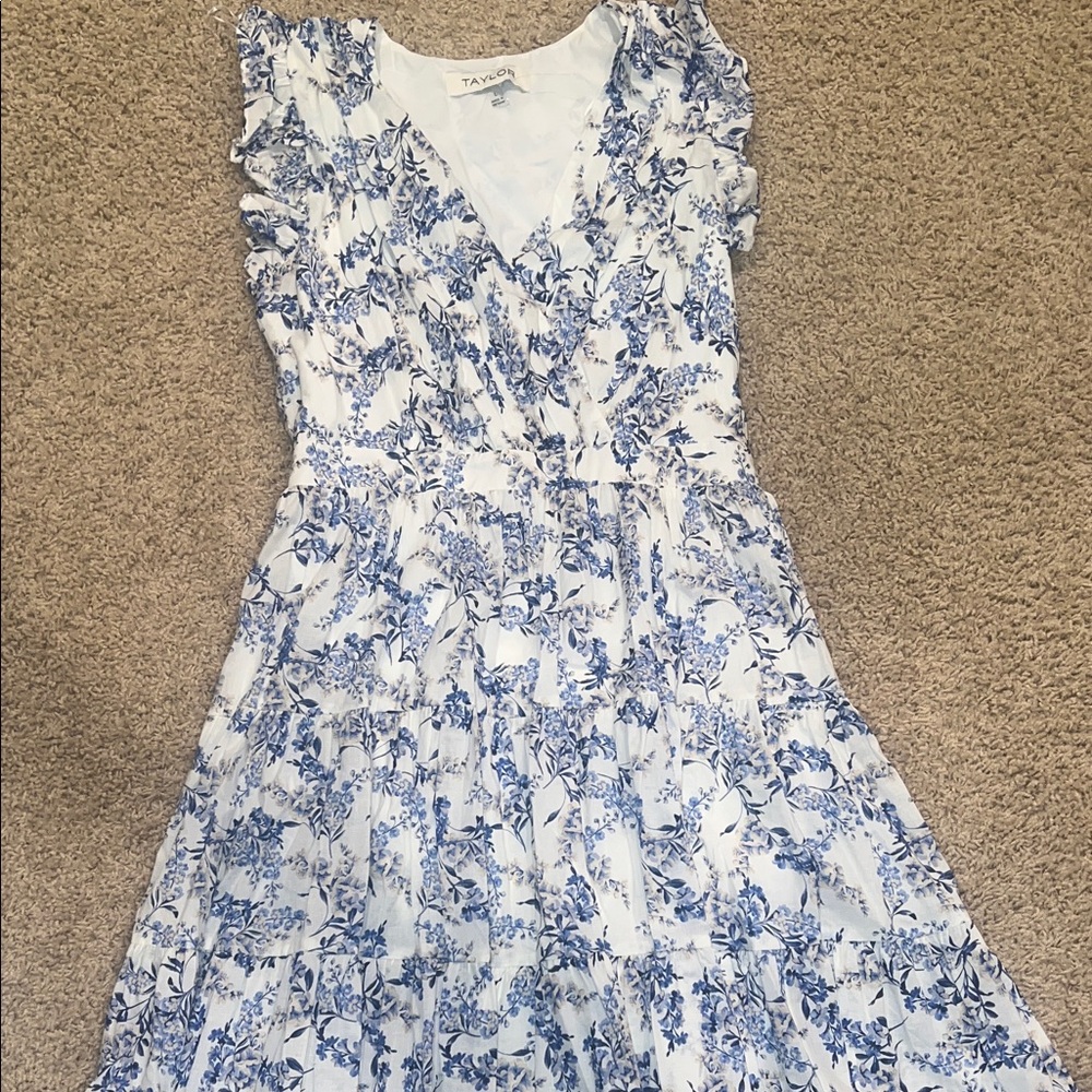 Tanya Taylor Blue and White Midi Dress